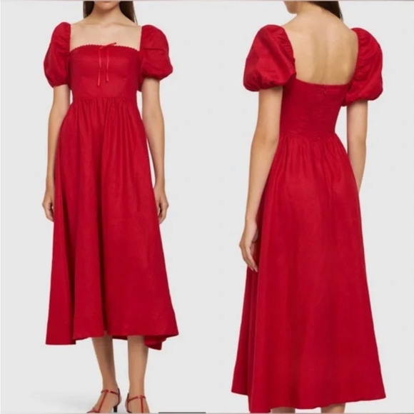 NWOT REFORMATION Marella Linen puff sleeves midi Red Dress - Picture 6 of 8